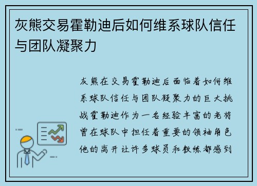 灰熊交易霍勒迪后如何维系球队信任与团队凝聚力